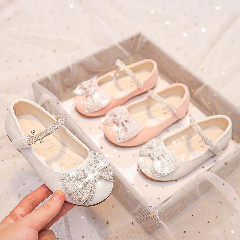 Kids Fashion Girls Mary Janes for Party Wedding New Soft Breatheable Simple Non-slip Children Casual Shoes Bow Rhinestones