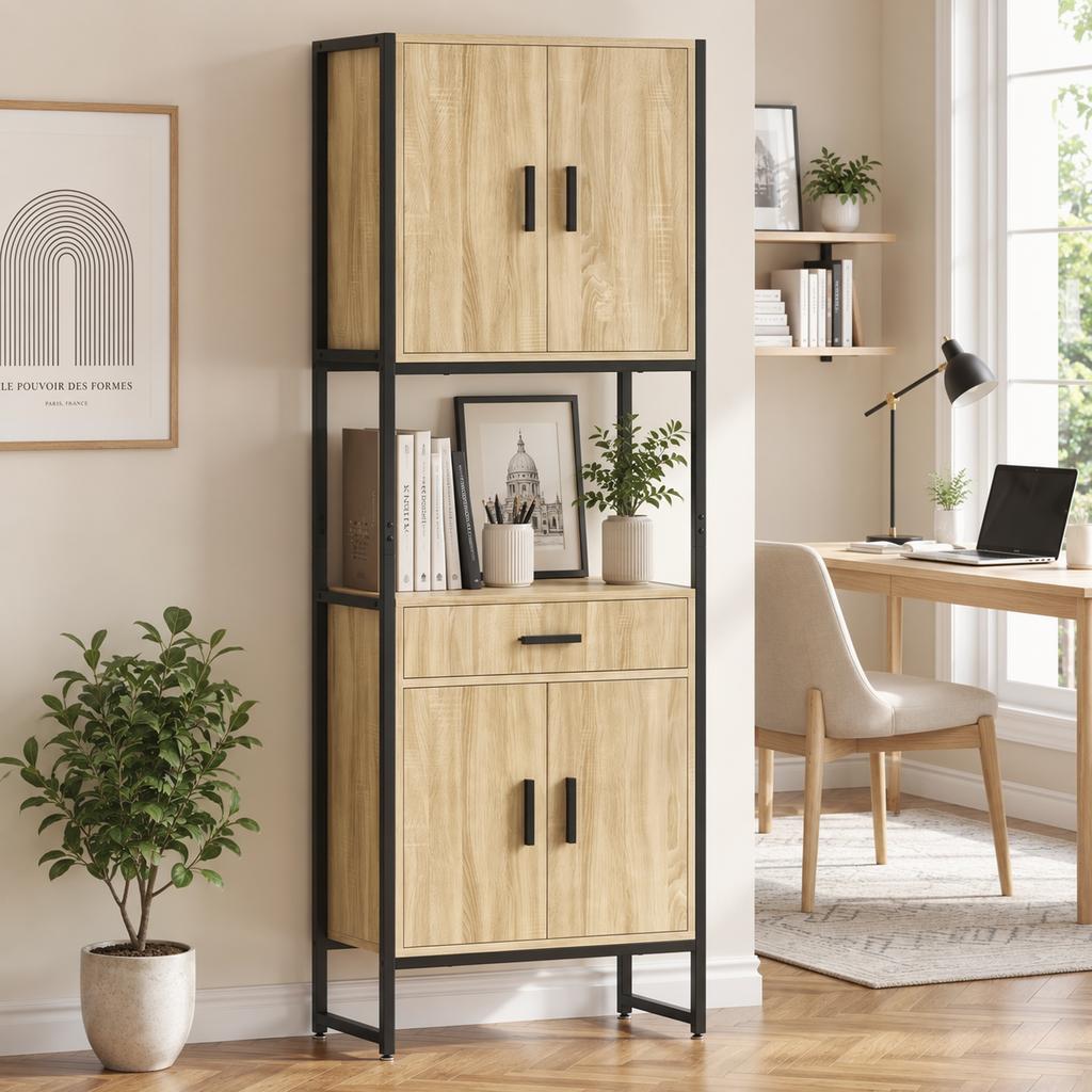 High Kitchen Buffet, 4 Soft-Close Doors, Drawer, Worktop, 60 x 30 x 170 cm, Natural Wood