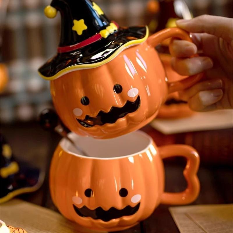Unique Halloween Themed Ceramics Coffee Cup With Detachable Witch Hat Cover Pumpkin Shape Mug For Hot Beverages Gift