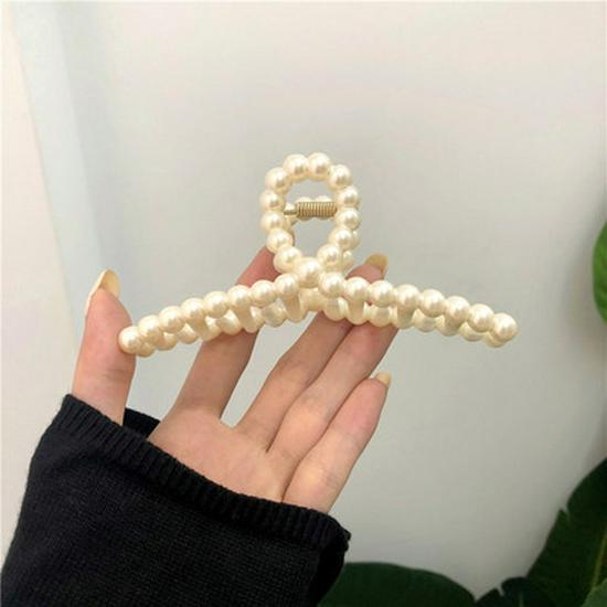 Korean-Style Pearl Metal Hair Claw Clip - Simple, Large, Elegant Shark Clip for Girls