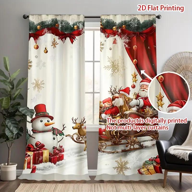 

Set Of 2 Joyful Christmas Scene Patterned Curtains Filter Polyester Family Windows Made W100*H70(CM)-Hooks&1PCS
