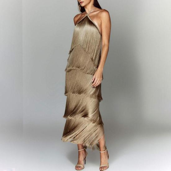Abito da sera da donna con scollo all'americana, spalle scoperte, frange,  orlo a torta multistrato, spacco senza spalline, rumba, cha-cha, concorso  di