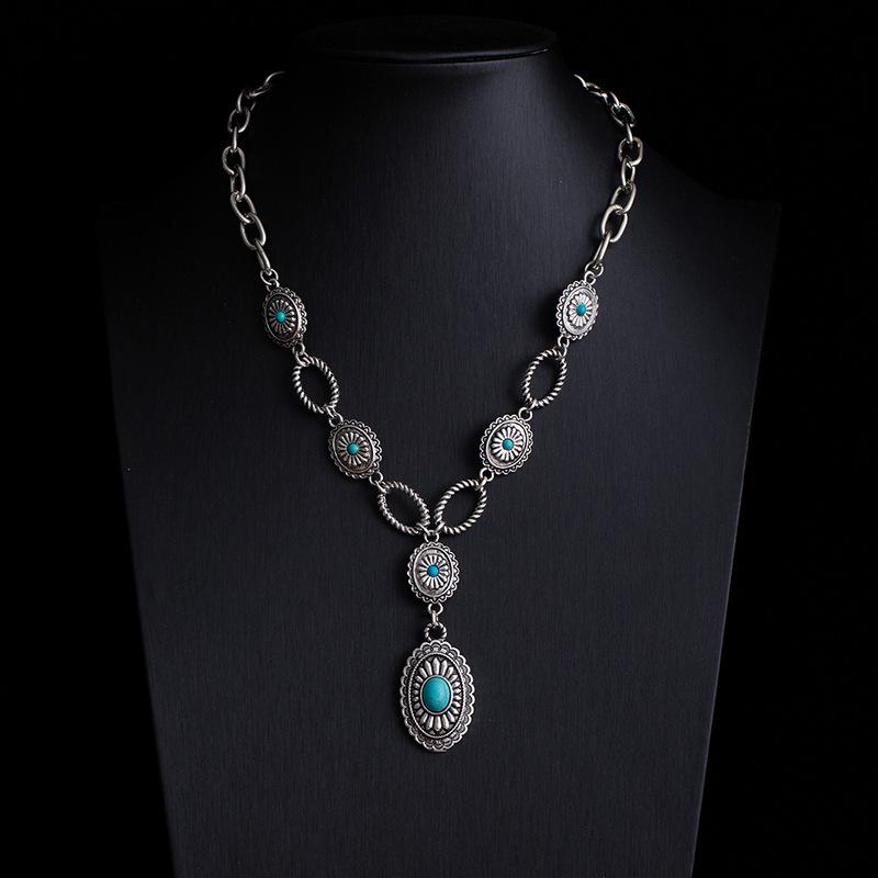 Bohemian Retro Ethnic Style Turquoise Necklace Female Western Denim Style Multi-Layered Wearing High-End Sweater Chain