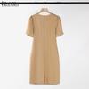 ZANZEA Women Casual Round Neck Zipper Short Sleeve Dresses