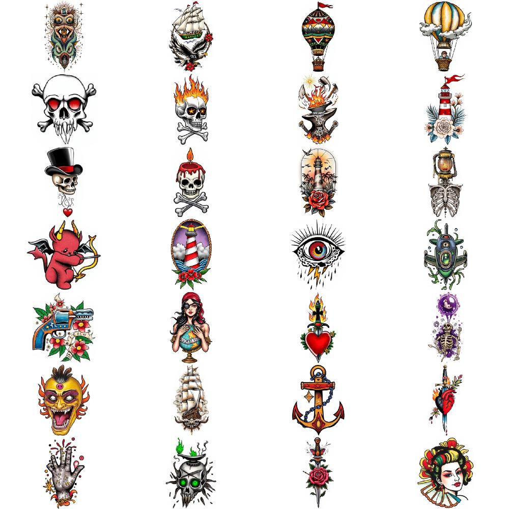 28pcs Temporary Tattoo Waterproof Long-lasting Body Stickers Devil With Bow Sword With Rose Lighthouse For Women Adults