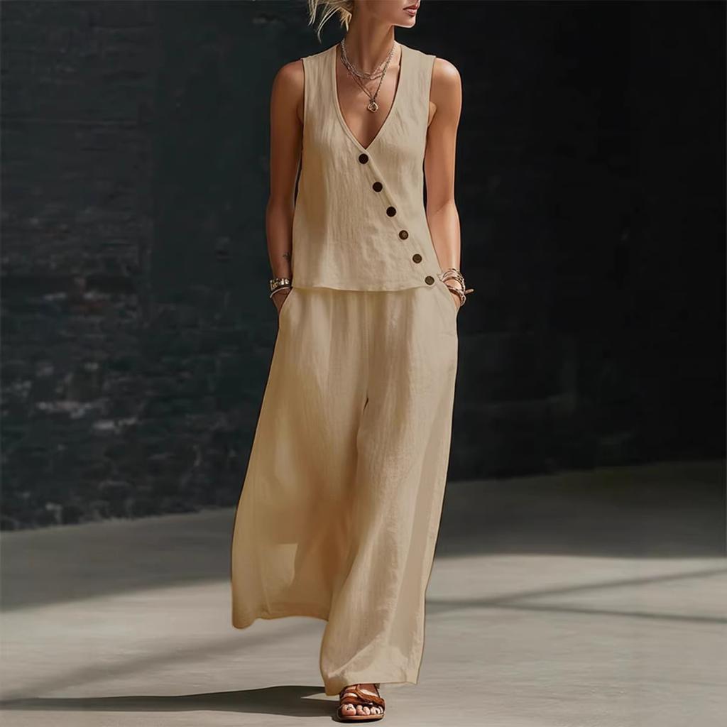 Women's Fashion Color Sleeveless V-neck Button Top With Elastic Waist Pocket Wide Leg Casual Pants Two Piece Set