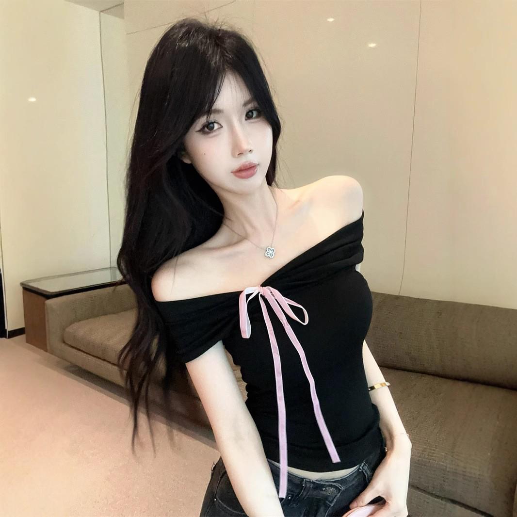 Bow off-the-shoulder short-sleeved t-shirt for women s summer pure desire spice girl sexy one-word shoulder small top unique and beautiful S чёрный
