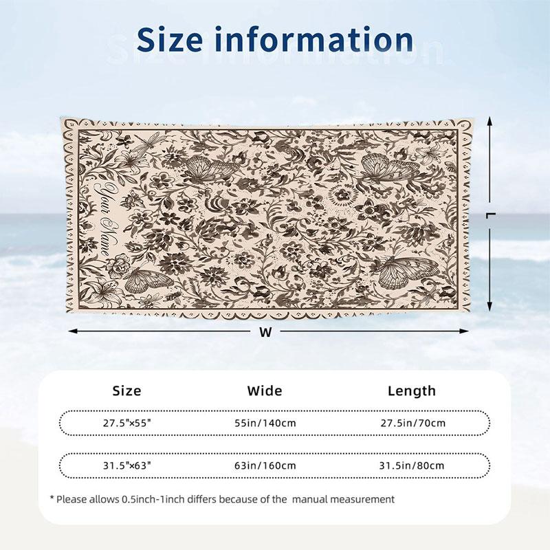 Butterflies Floral Elegance 4 Theme Quick Dry Beach Towel Custom Name Text Print Large Sand Resistant Towel Beach Vacation