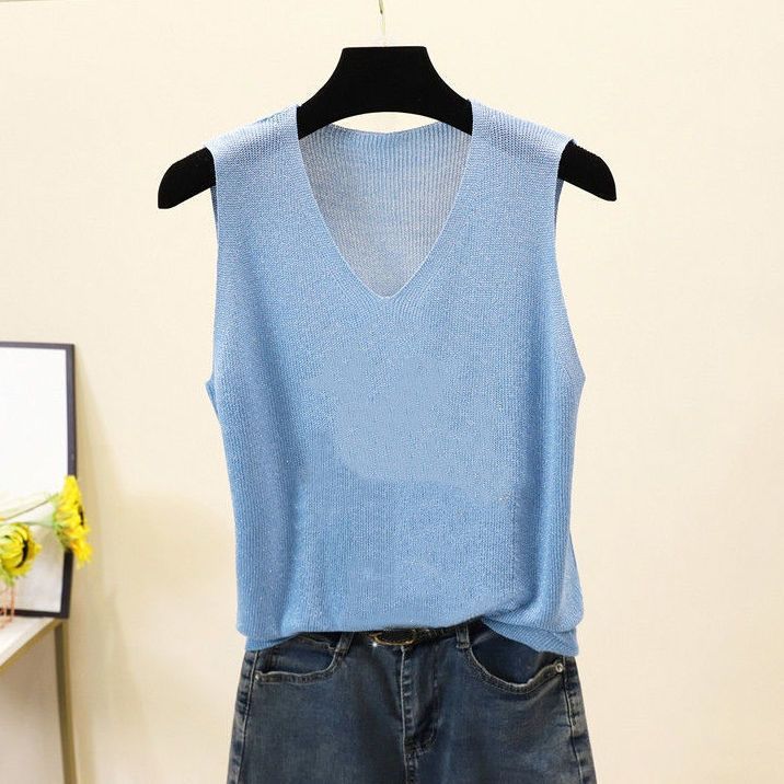 Loose Interior Plus Plus Sleeveless Ice Silk Knit Top with Rhinestones V-neck Camisole Women's Summer