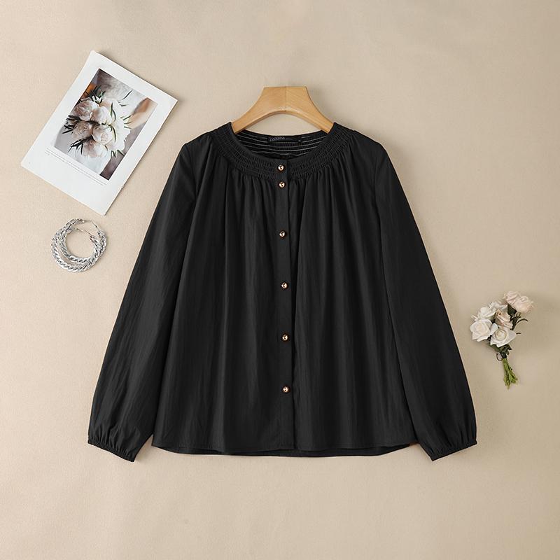 ZANZEA Women Casual Round Neck Solid Color Long Sleeve Blouse
