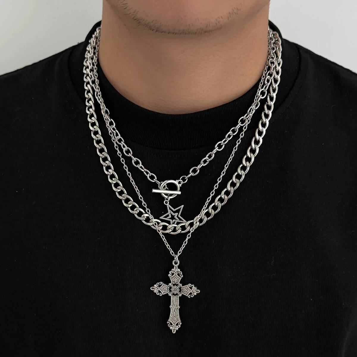 

SHIXIN 3Pcs/Set Punk Style Star Jesus Cross Pendant Necklace for Men Hip Hop Stackable Multi Layer Thick Chain Choker Necklace