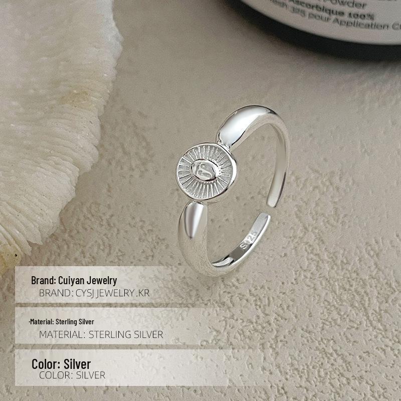 Cuiyan S925 Silver Korean Oval Ring - Women's Japanese Pattern Niche Open Index Finger Ring, Cold Fashion Style