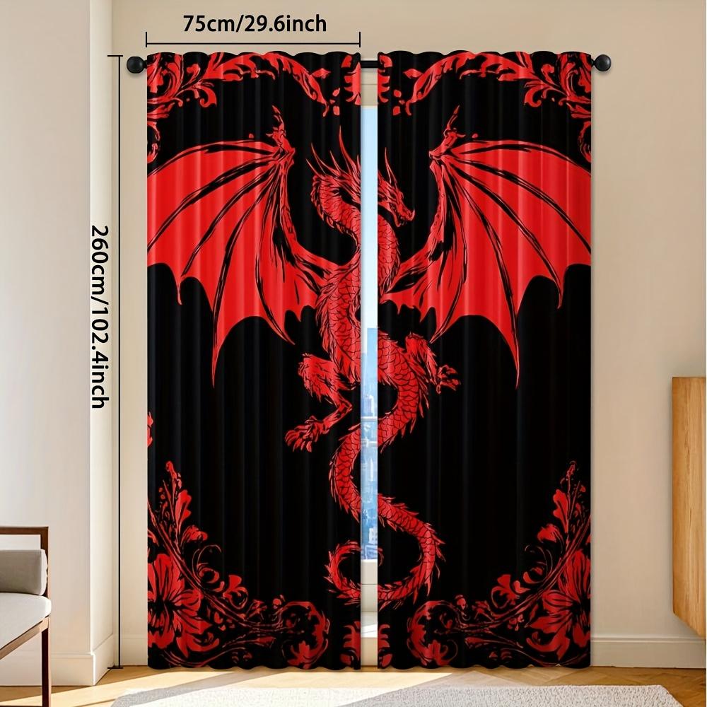 2pcs Bohemian Exotic Dragon Print Curtains - Black with Red & White Dragon Design   Light Filtering Polyester   Rod Pocket for Eas