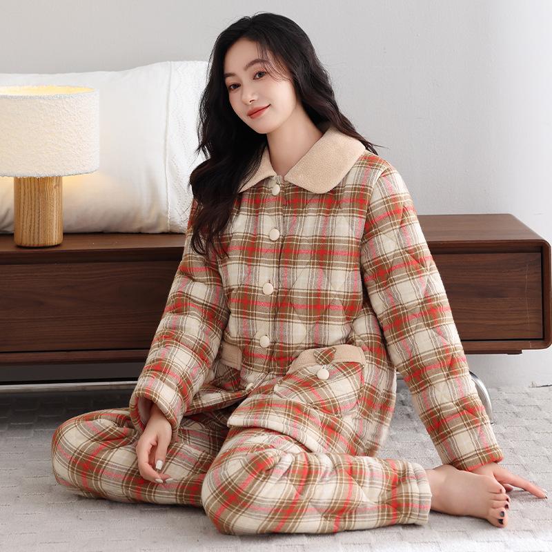 Woven Pure Cotton Padded Jacket Pajamas Women'S Winter Three-Layer Thickened And Velvet Mother Loungewear Winter Warm Suit