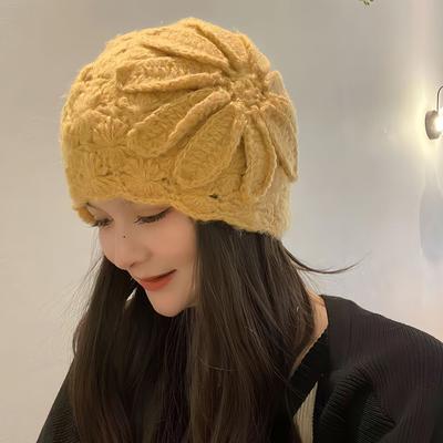 Handmade Crocheted Headgear, White Hair Wool Hat, Autumn and Winter Cold-proof and Warm Hat, Women's Hollow Knitted Hat, Melon Fur Hat