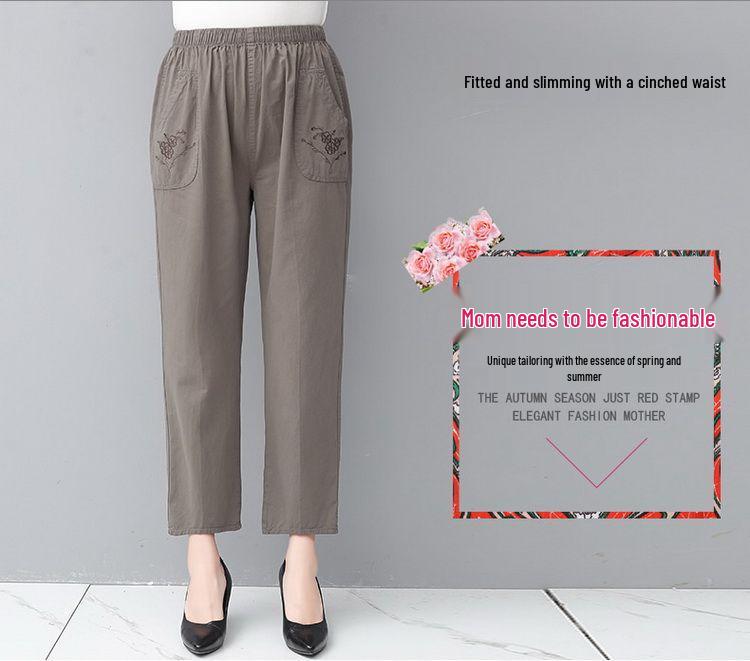 Mom's Cotton Embroidered Nine-Point Pants for Seniors, Casual Straight-Leg Pants for Spring & Autumn