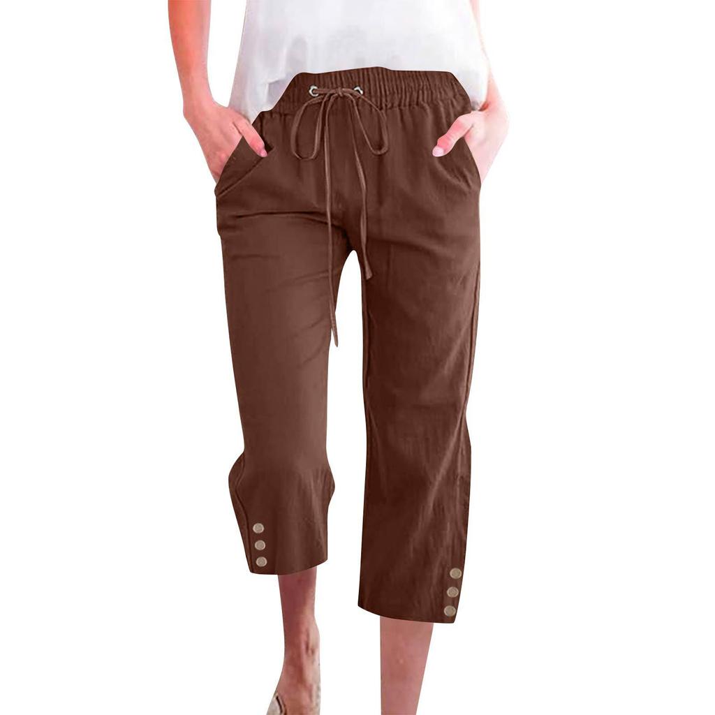 Spring Solid Color Cotton Linen Drawstring Cropped Pants
