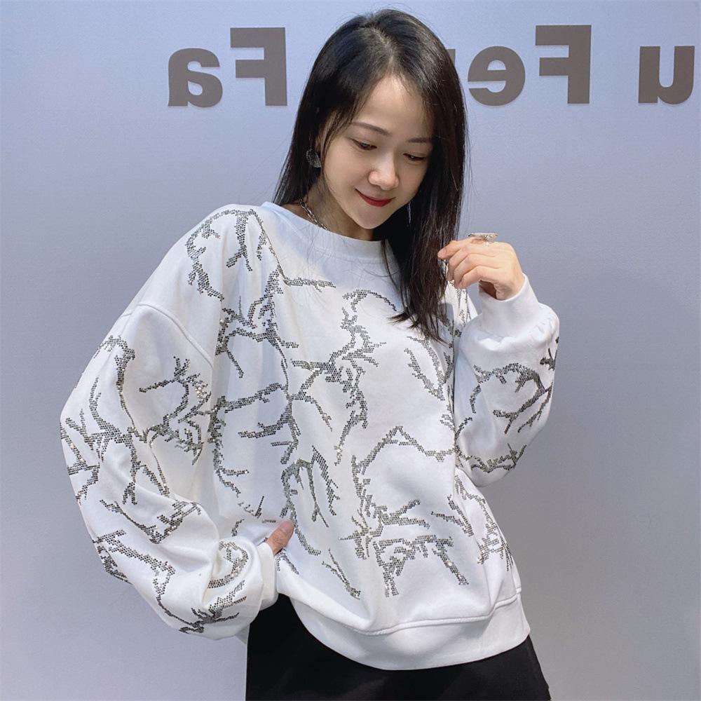 

Стильный свитшот с бриллиантовым узором и короткими/длинными рукавами для женщин. Новый универсальный топ с круглым вырезом для осени и зимы. One Size белый