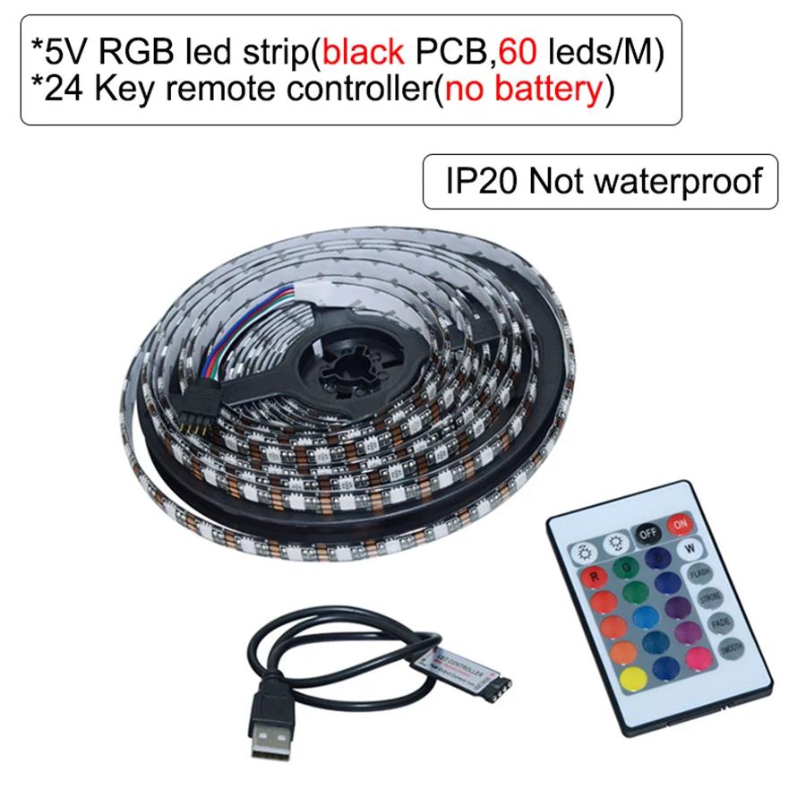 RGB LED Strip Light with IR 24 Key Remote Control Flexible LED Tape Lamp USB 5V 5050SMD 30/60LED/M 5M Room TV Decor Backlight