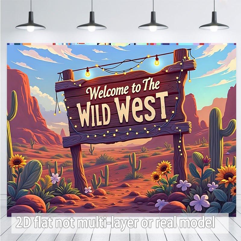 2D plane 1 piece of Western-style cactus desert banner - featuring wooden decorative elements  Welcome to the Wild West 100x150cm