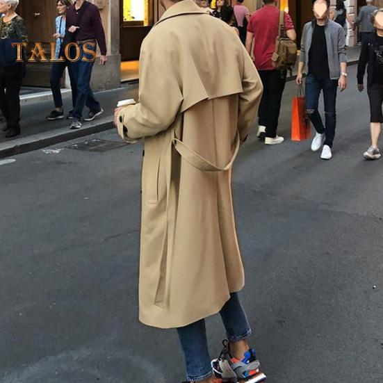 Herren Windjacke Revers Langarm Zweireihig Verstellbarer Gürtel Trenchcoat mit Taschen Einfarbig Lockere Passform Mittellange Oberbekleidung