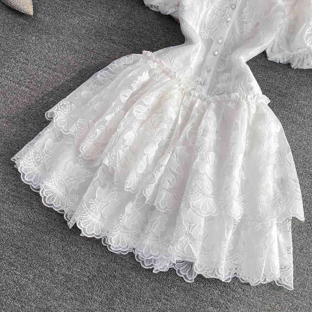 Summer Retro Embroidered Puff Sleeve A-line White Dress