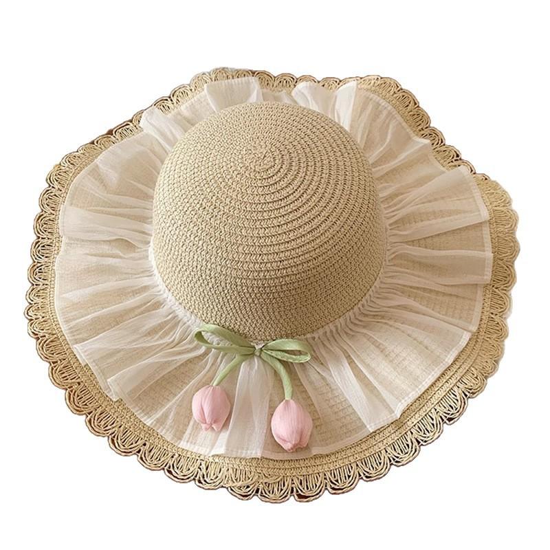 Summer Tulip Lace Edged Straw Hat Women's Beach Vacation Wind Sun Protection Hat Big Brim Sun Hat