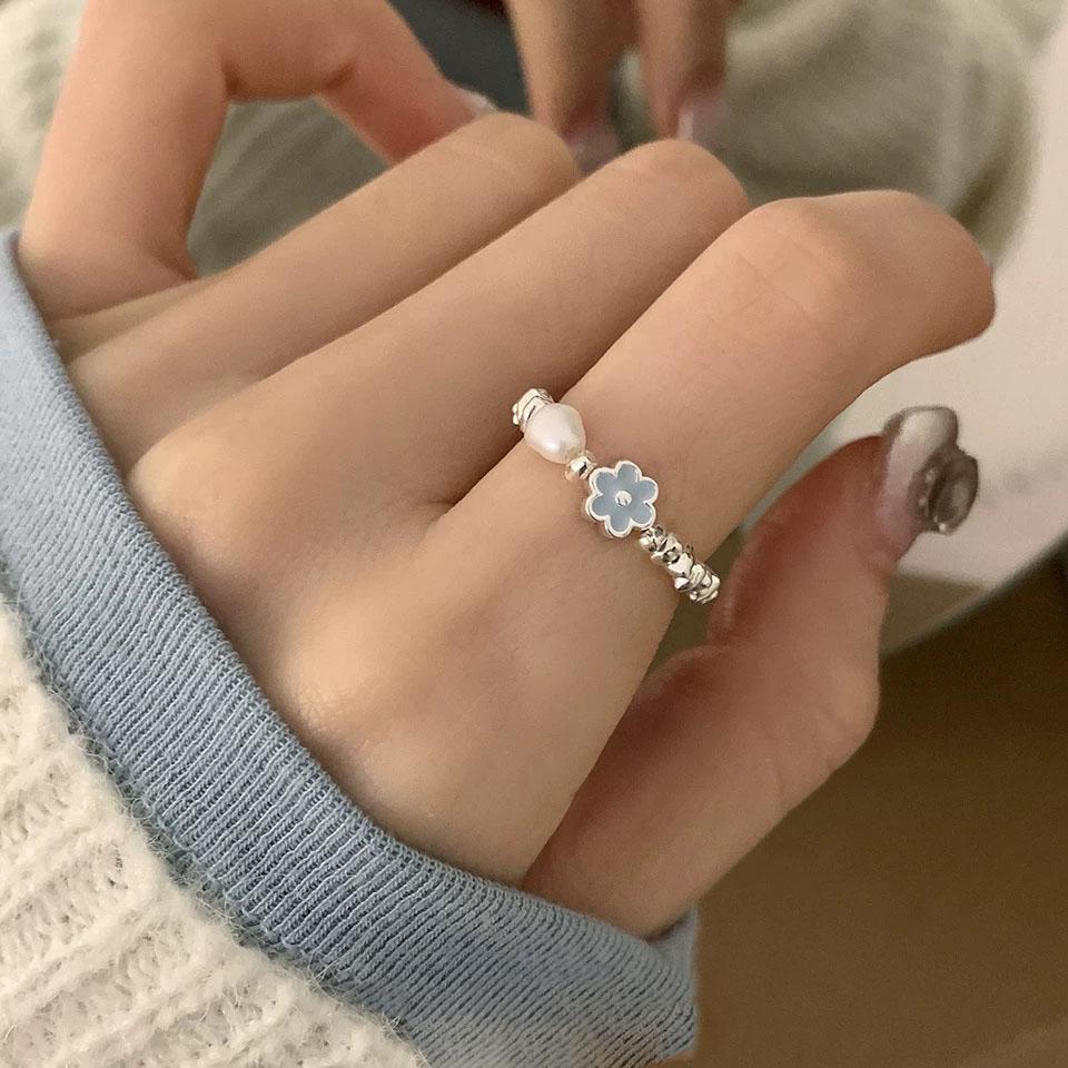 

925 Sterling Silver Rings for Women Couple Minimalist Handmade Simple BLue Flower Ring Fine Jewelry Gift Prevent Allergy resizable