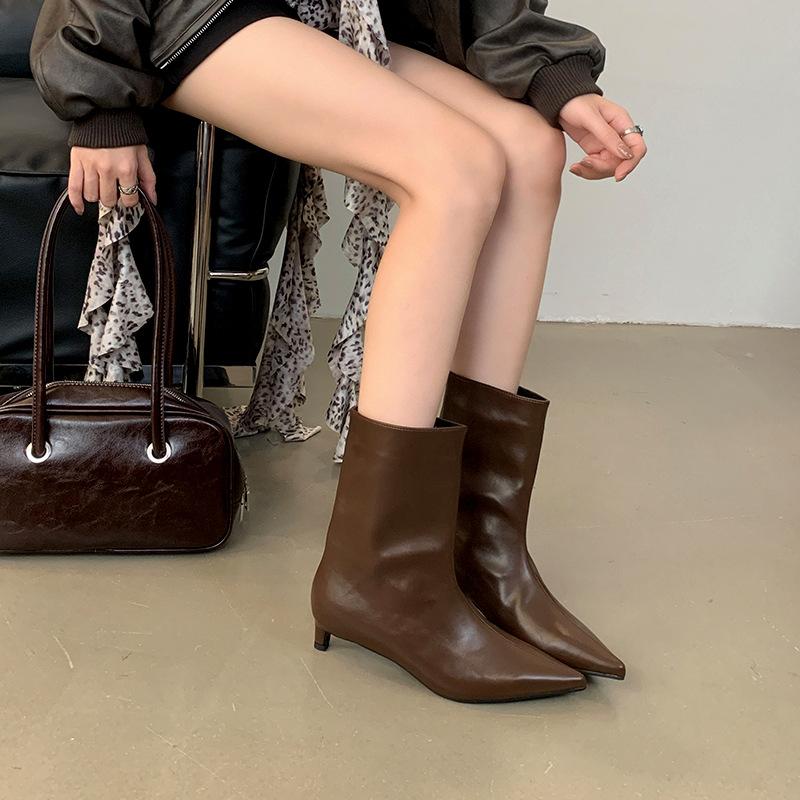 

Модная Роскошная Женская Обувь Дизайнерские Высокие Каблуки Осенние Винтажные Ботильоны с Острым Носком для Женщин Модная Универсальная Обувь Zapatos De Mujer 40 темно-коричневого