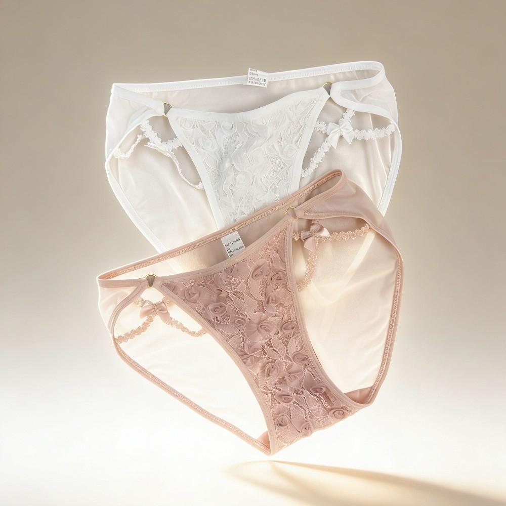 Fashion Low Waist Lace Briefs Hollow Transparent Women Underwear Cotton Crotch Mesh Bow Lace Panties Girl