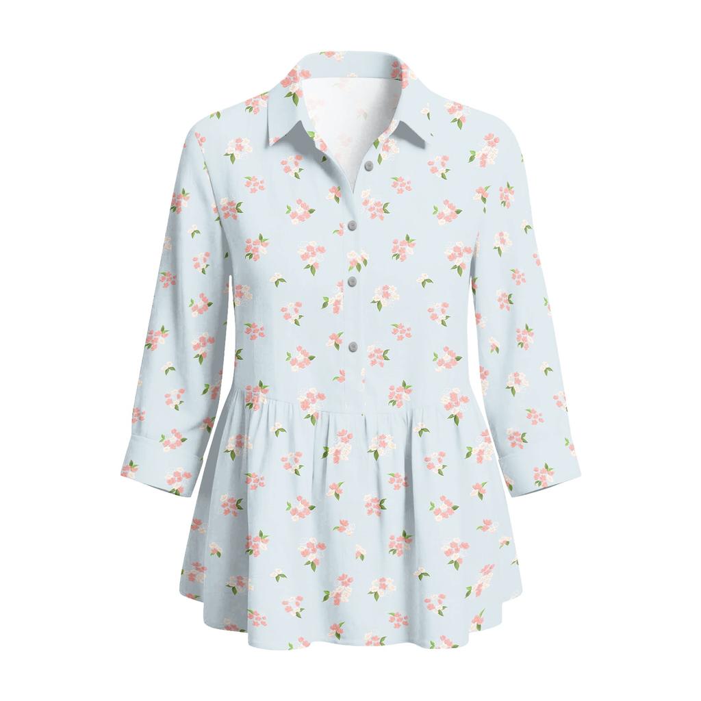 Damen Knopfleisten-Hemd Vintage Blumenprint Dreiviertelärm Lockerer Schnitt Bluse mit Kragen Lässiges Oberteil für den täglichen Gebrauch