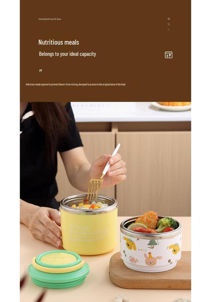 Adorable Cartoon Double-Layer Thermal Lunch Box with Spoon – 304 Stainless Steel, Ideal for Kids and Students