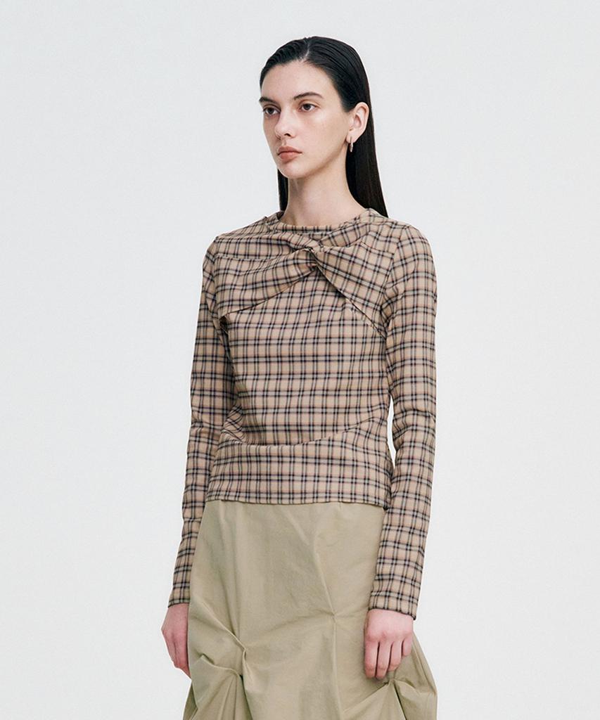 Kimjisu Twisted Check High-Neck Top _ Beige