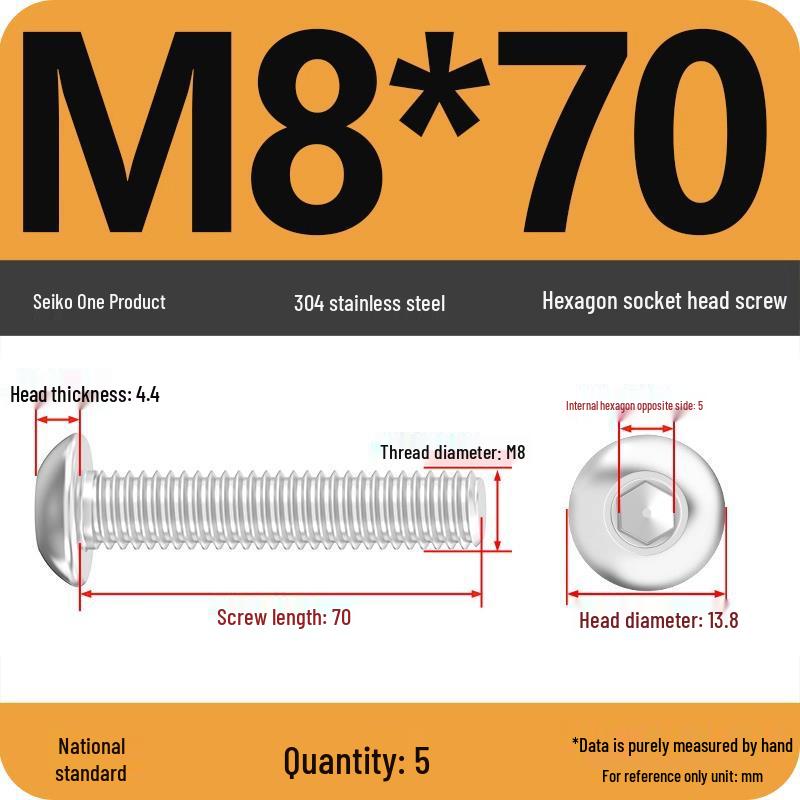 304 Stainless Steel Pan, Half, and Round Head Hexagon Screws (M2-M12)