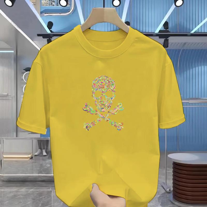 Men's New Summer Cartoon Skull Print Short Sleeve, Cotton Basic Crew Neck T-shirt, Fashion Casual Short Sleeve Top