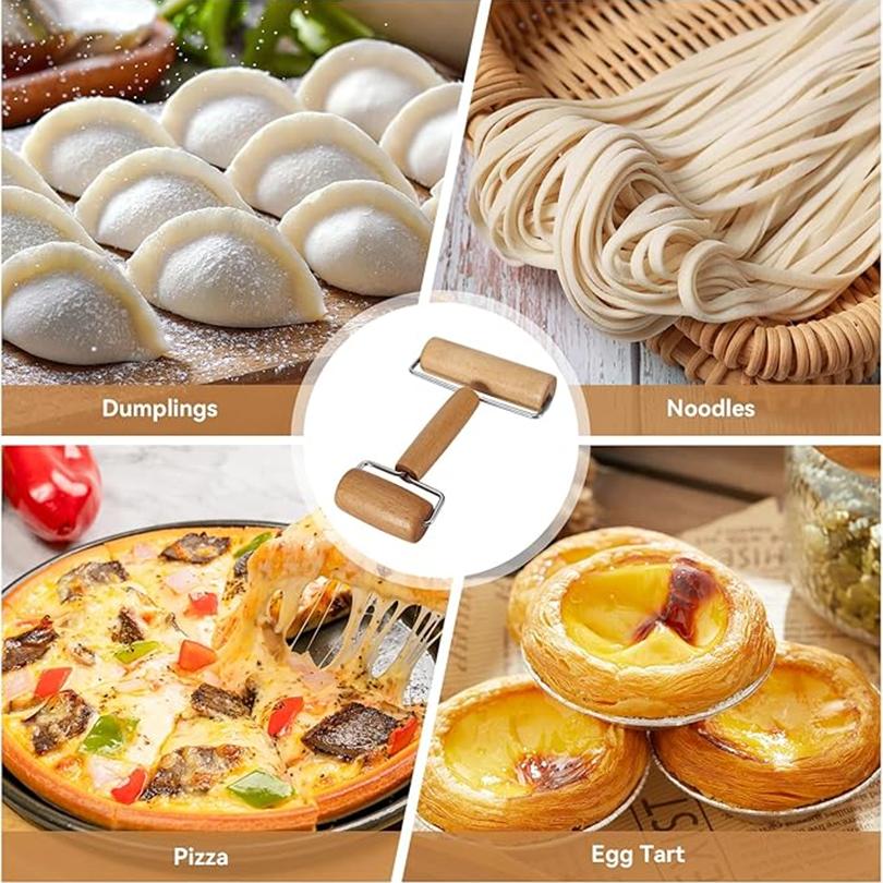 Drewniany wałek do ciasta i wałek do pizzy, kruszone orzechy, krakersy, ciasteczka do pieczenia i gotowania w kuchni