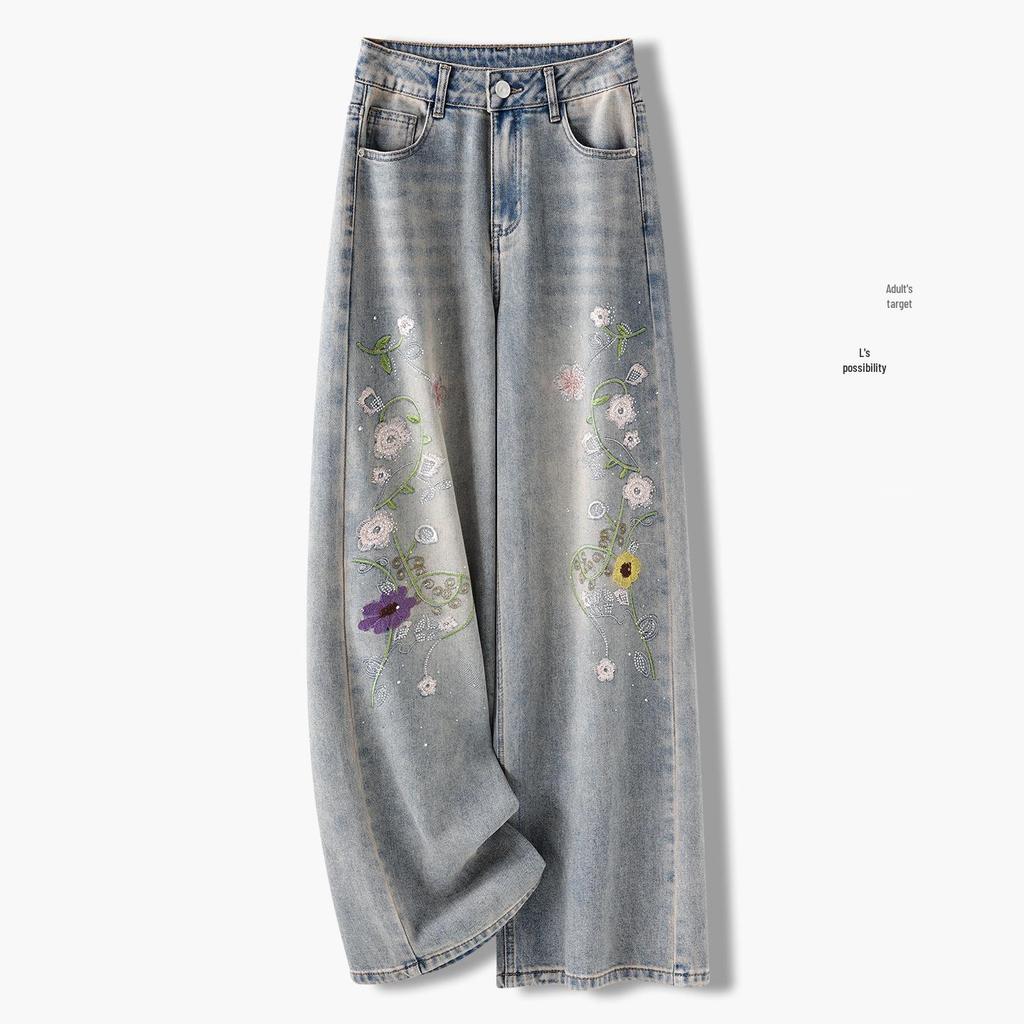 Women's High-Waist Embroidered Straight-Leg Jeans - Floral Ethnic Style for Spring & Autumn