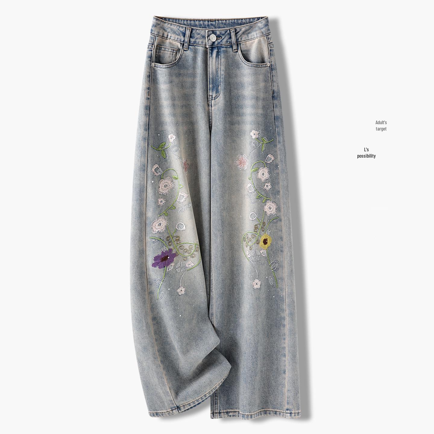 

Women s High-Waist Embroidered Straight-Leg Jeans - Floral Ethnic Style for Spring & Autumn 29 серо голубой