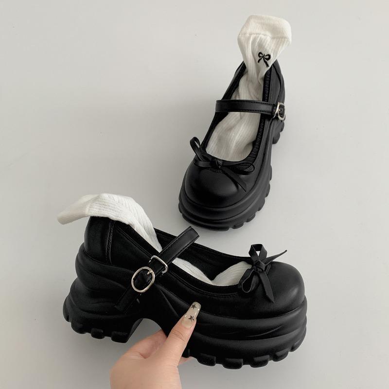 Fashion New Autumn Chunky Platform Loafers for Women Butterfly-Knot Women Punk Thick Bottom Pumps Belt Buckle Chunky High Heels Shoes