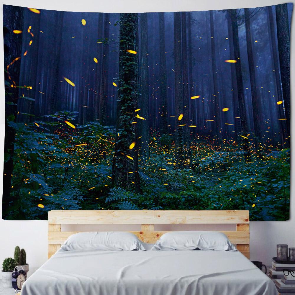 Forest Firefly Tapestry Dreamy Landscape Polyester Wall Hanging Fabric Aesthetic Home Decoration Living Room Background Poster