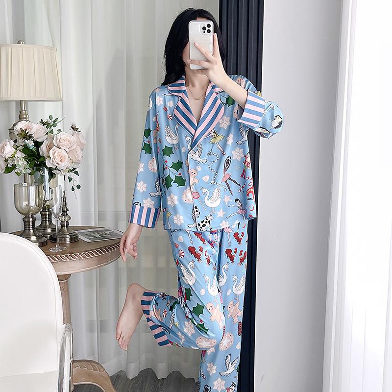 1011 New fashionable women's ice silk pajamas, long sleeves and trousers, high-end temperament, light luxury loungewear can be worn outside