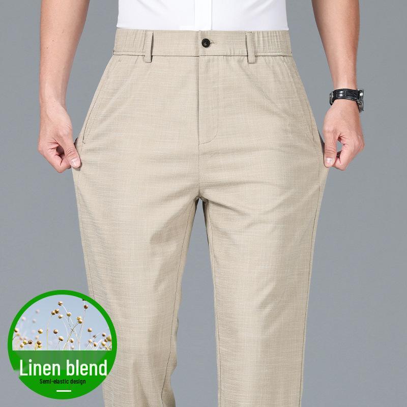 Pánské vysoce kvalitní business casual kalhoty z ledového hedvábí s elastickým pasem a rovnými nohavicemi - s krátkým rukávem, pohodlné na léto