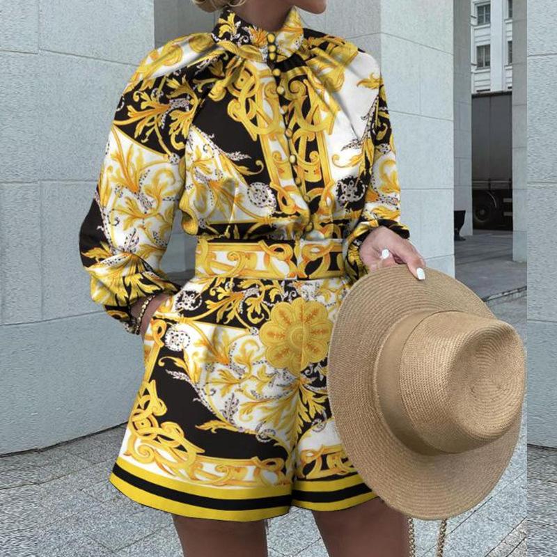 FD117 Spot 1116 Europäischer und amerikanischer Herbst- und Winter-Damenbekleidungs-Shopify bedrucktes Langarm-Oberteil-Shorts-Set Zweiteiliges Set