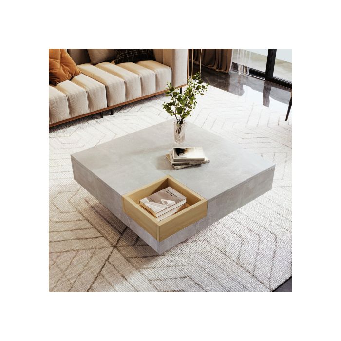 Table Basse - MUVOE - 72x72 Cm - Gris Béton - Bois - Amovible Avec Rangement