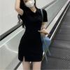 The New Korean Version of the Polo Collar Split-ended Dress for Women, Slim and Thin, Pure Desire Wind, Hip-wrapped Short-sleeved Short Skirt