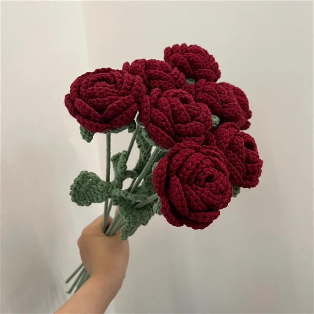 Artificial Rose Flower Realistic Knit Rose Home Office Wedding Decor High End Floral Arrangement