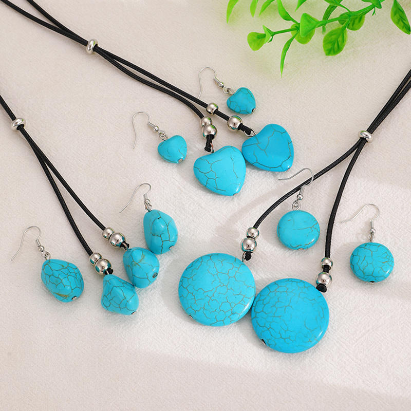 Women Fashion Stone Pendant Necklace Earrings Set Charming Love Round Shape Pendant Necklace