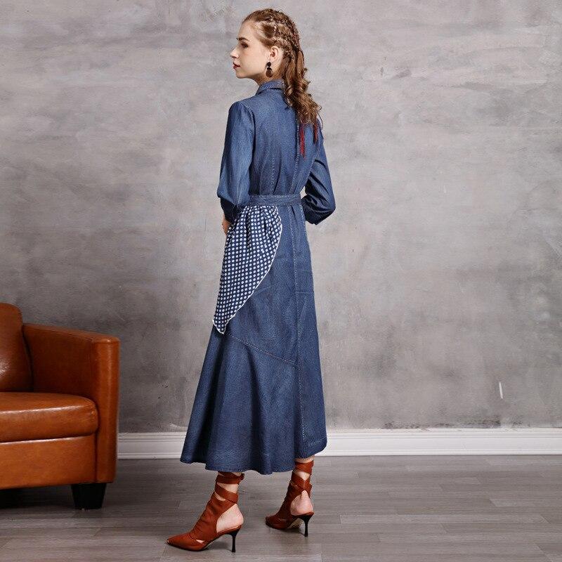 Johnature Women Denim Dresses Autumn Button Turn-down Collar Female Vintage Dress