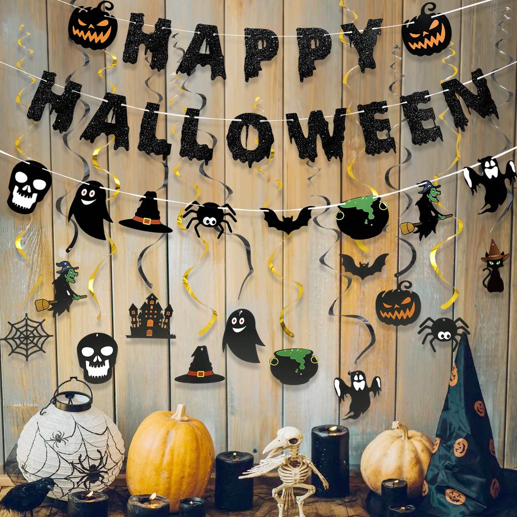 Halloween Pumpkin Paper Banner Backdrop Happy Halloween Party Decorations 2025 Haunted House Ghost Trick or Treat Spiral Pendant
