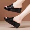 2025 New Platform Black Women's Sandals Leather Wedges High Heel Hollow Peep Toe Female Ladies Shoes Beach Slippers Rome Style